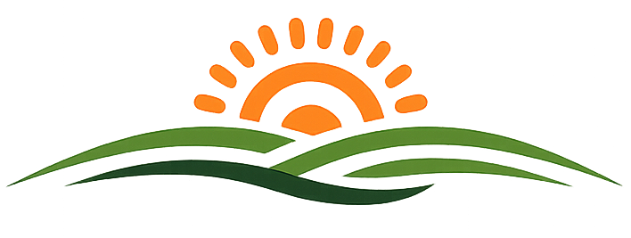 HARVEST California logo. Graphic of an orange sun rising over green rolling hills